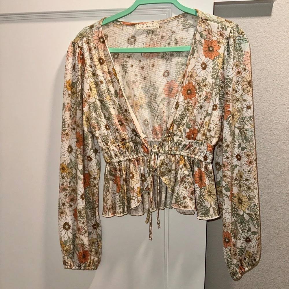 Deep V Tie Together Floral Blouse